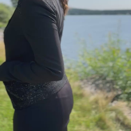 Video of Dog show handler suit in black with sparkling sequin. Sapphire by Canis Certo.